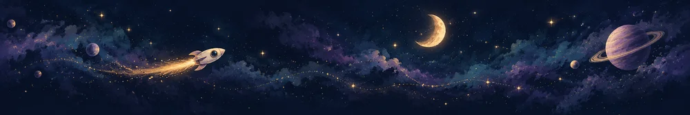 A rocket exploring a lavender and gold galaxy